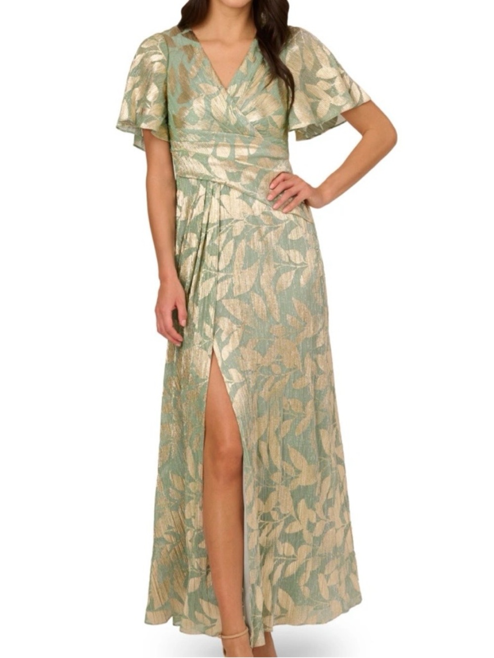 Adrianna Papell Foil Leaf Draped Gown,  Light Green Size 8